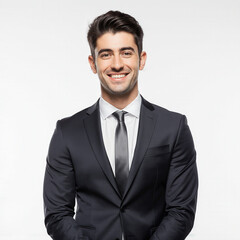 The Confident Professional: A sharp and sophisticated professional embodies success and composure. Radiating confidence, he wears a dark suit and tie with a confident and bright smile. 