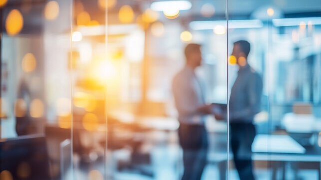 Two business professionals are shaking hands through a glass wall in a bright office setting with blurred background and warm lighting.