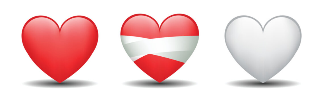 Naklejki 3 emoticons isolated on white background. Red and white color heart, bandaged heart vector emoji illustration. 3d illustration set.