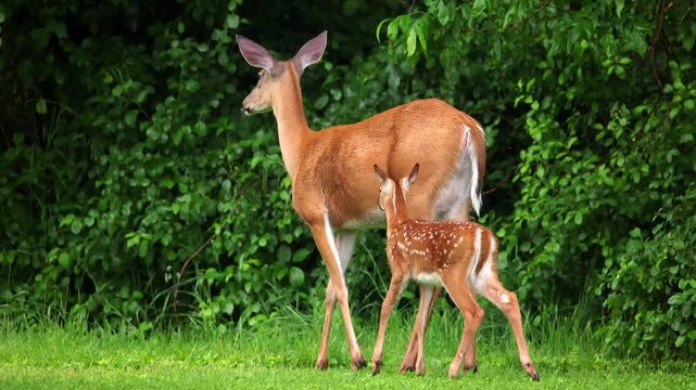 Doe Momma deer teaching young fawn how to be aware of her surroundings.