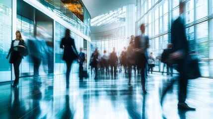 Busy office lobby with blurred motion of people walking, showcasing a modern business environment with large glass windows and polished floors.