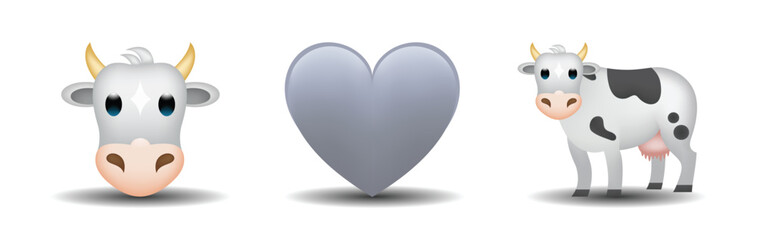 Gray color heart, cow vector emoji illustration