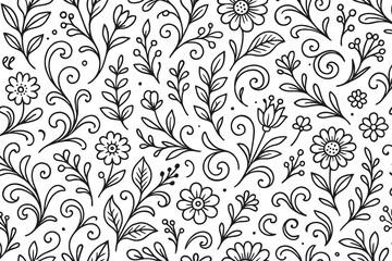 Hand drawn black and white floral swirls and leaves pattern