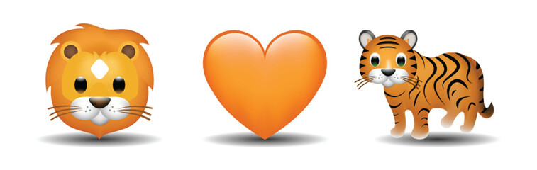 3 emoticons isolated on white background. Orange color heart, lion, tiger vector emoji illustration. 3d illustration set.