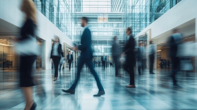 Busy modern office lobby with blurred business people walking and interacting in a glass-walled building.