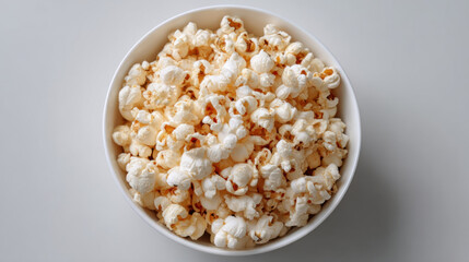 Healthy air-popped popcorn with a sprinkle of sea salt in a minimalist white bowl top view 