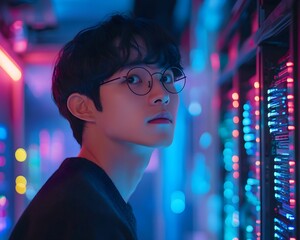 Glasses-Wearing Engineer Inspecting Server Rack in Futuristic Tech Environment, Young Engineer Performing System Check in High-Tech Server Room, illuminated by vibrant pink and blue lights. with blur