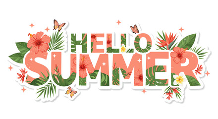 "Hello Summer" text art with tropical flowers, butterflies, and leaves on a white background, creating a vibrant seasonal design.