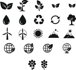 Black vector ecology icons set nature, sun, tree, leaf, earth, and energy symbols for web design