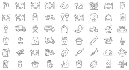 Modern linear icons depicting food preparation, dining, and delivery services, including restaurant tools and mobile ordering concepts for culinary experiences.