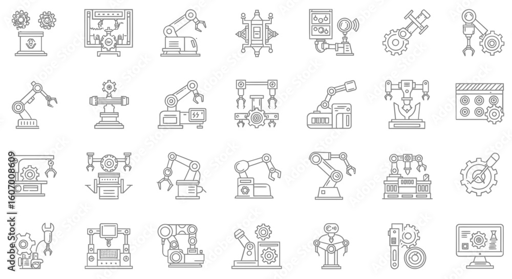 Poster collection of industrial robot arm and automation icons. thin line vector graphics for technology an
