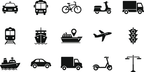 Black vector set of isolated transportation icons including car, truck, bus, train, airplane, motorcycle, ship, taxi, and van symbols on a white background