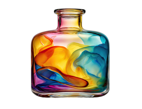 Vibrant, abstract liquid swirling within a clear glass bottle