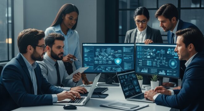 Team of specialists collaborating to implement multilayered supply chain cybersecurity.