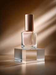 Luxurious nail polish bottle stands elegantly on clear cube, showcasing its minimalist design. soft lighting highlights glass and metallic elements, creating sophisticated atmosphere