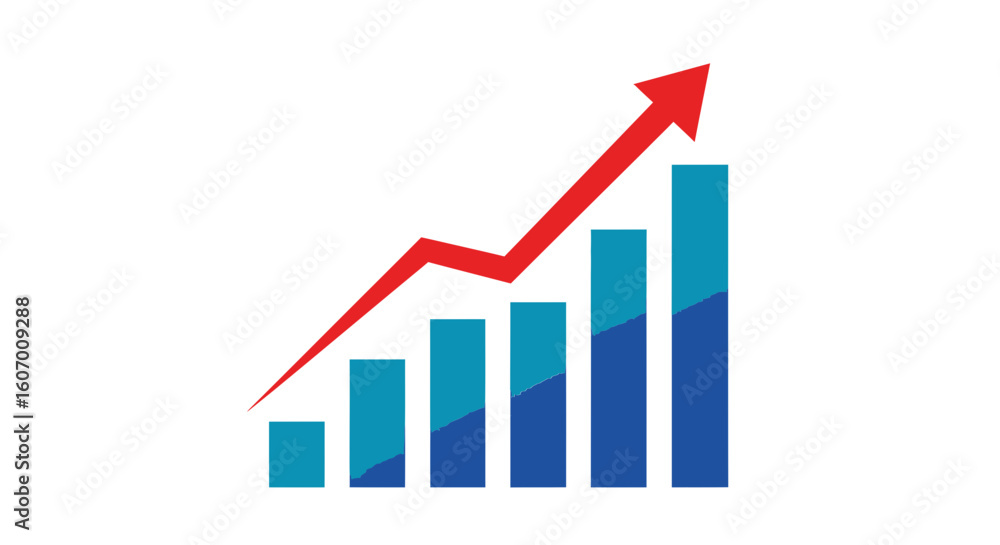 Poster vector graphic of a rising bar chart with a red arrow indicating success, progress, and financial gr