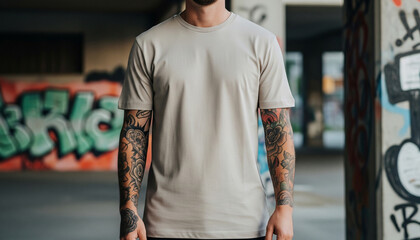Tattooed man wearing plain beige t-shirt standing confidently in a gritty urban environment with graffiti walls, expressing street style fashion and attitude.