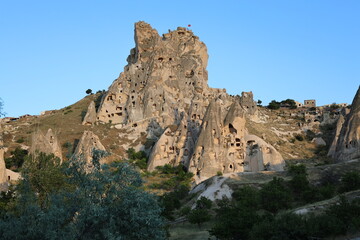 Fototapeta premium Cappadocia rocky landscape. historical unique ancient open-air museum ruins. Rocky landscape trail.High quality 4k footage