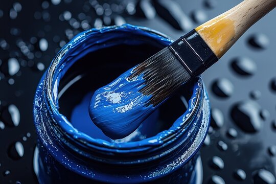 Close-up of a paintbrush dipped in blue paint with water droplets on a dark surface - Powered by Adobe