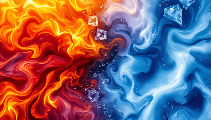 Abstract fiery orange and cool blue swirling marble texture with ice crystals, contrasting hot and cold elements background