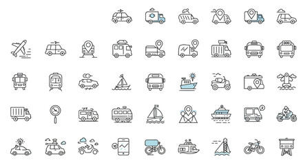Transportation Icon Set Diverse Collection of Vehicles and Travel Methods, perfect for website design