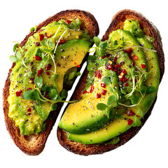 Two slices of avocado toast topped with microgreens and chili flakes on transparent background