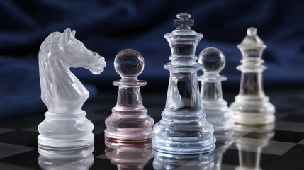 High contrast chess pieces illuminated by soft light on dark velvet background 