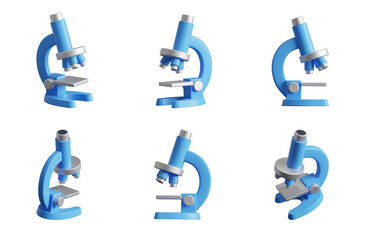 Microscope, 3D icon set. Laboratory equipment in various angles. Scientific research, biology, chemistry, and medical analysis. 3D object on a transparent background
