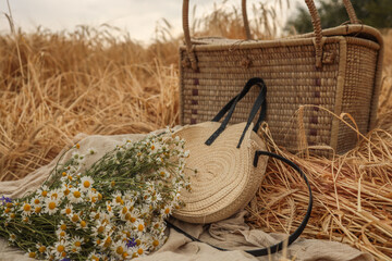 Straw bag, chamomile bouquet, and woven picnic basket lying on linen fabric in a wheat field....