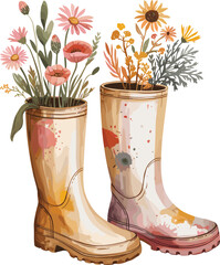 Watercolor rain boots with wildflowers, spring floral bouquet in colorful boots, rustic garden decor, cheerful blooming flower arrangement illustration