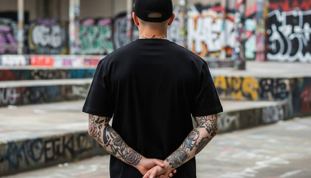 Urban Black T-Shirt Mockup - Back View of Tattooed Man in Street Art Graffiti Background for Apparel Branding and Fashion Design