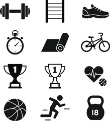 A sleek black vector sports icon set for web design, featuring diverse health, time, and activity symbols