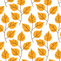 Seamless autumn pattern with yellow stylized leaves on white background.