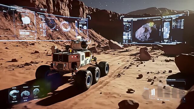 Futuristic 3d animation of a space rover on a mars mission analyzing data on holographic screens
