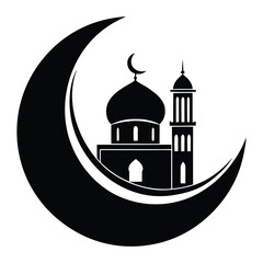 Islamic crescent moon cradling a small mosque silhouette evoking faith ramadan and cultural celebration in a graphic design