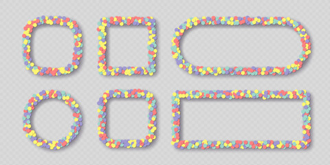 Collection of colorful frames consisting of multicolored round confetti with shadows isolated on a light background. Vector illustration.