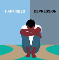 Happiness Depression banner mental health concept. Black man sits alone on crossroad, embracing his knees, moment of despair. Self-flagellation, paranoia anxiety fear