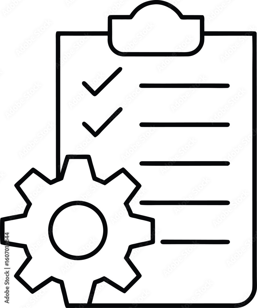 Poster clean line art icon of a checklist with a gear symbol isolated on transparent background