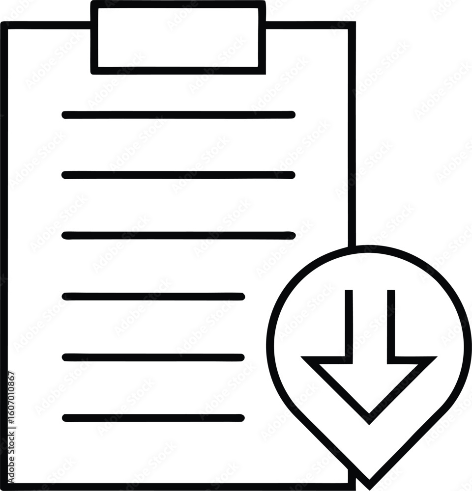 Poster clean line art icon of a checklist with a download arrow isolated on transparent background