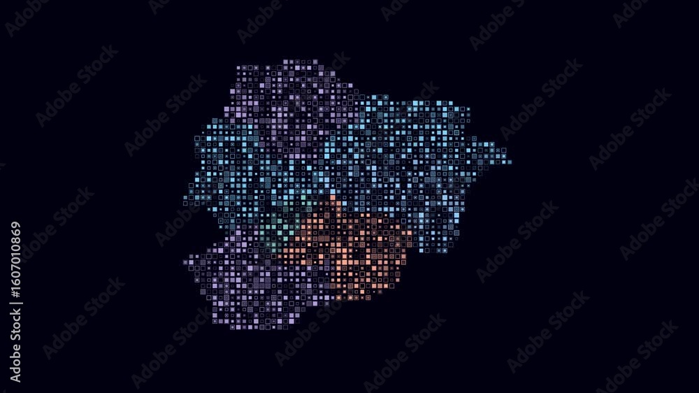 Poster andorra dotted animation. shape of the country build of pulsating colored dots. small size square bl