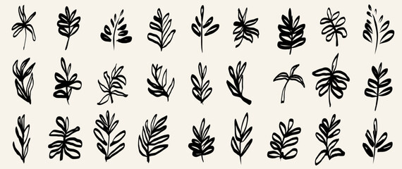 Ink Crayon Marker Gouache flowers hand drawn sketches illustrations. Dry brush stroke simple minimalistic floral doodles isolated on white for cosmetics, kid education.
