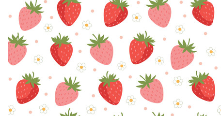 Strawberry and flowers hand drawn seamless pattern. Cute summer background for fabrics, decorative paper.