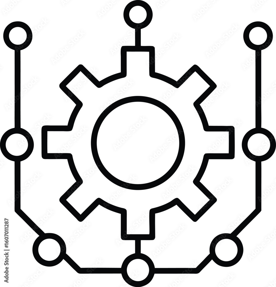 Poster clean line art icon of a gear connected to a circle isolated on transparent background