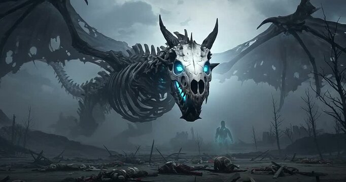 Skeletal dragon looming over a desolate battlefield scene