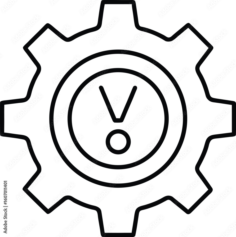 Poster clean line art icon of a gear with an exclamation mark isolated on transparent background