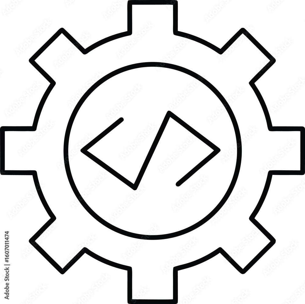 Poster clean line art icon of a gear with code brackets isolated on transparent background