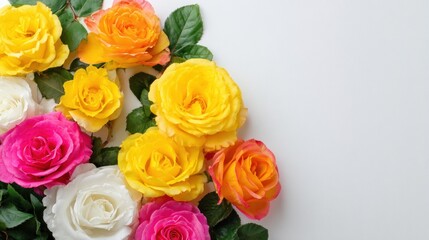 Colorful roses arranged on a light background.