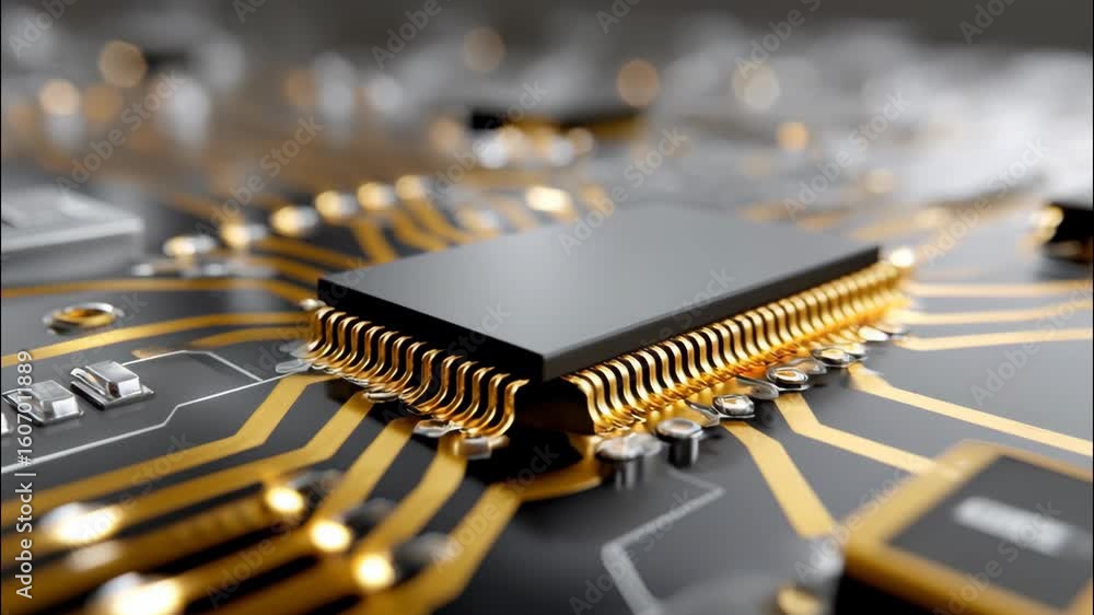 Poster detailed macro zoom of computer chip with gold pins and circuit board design