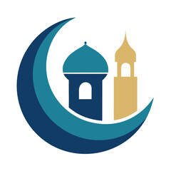 Flat islamic crescent moon and mosque silhouette icon on a clean white background representing faith and architecture