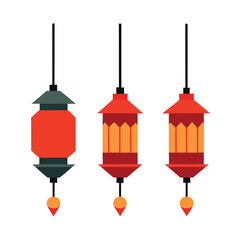 Flat design of colorful hanging lanterns illuminated against a clean white background perfect for festive celebrations and decorative themes